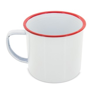 Taza mug estilo retro de metal esmaltado blanco con borde de colores publicitaria